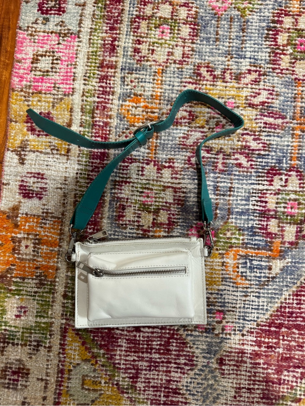 White Leather Crossbody Bag with Teal Strap